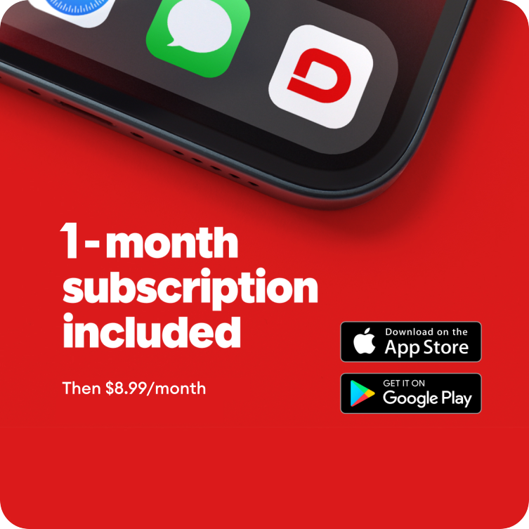 Smartphone with app icons on a red background, promoting a 1-month subscription offer.